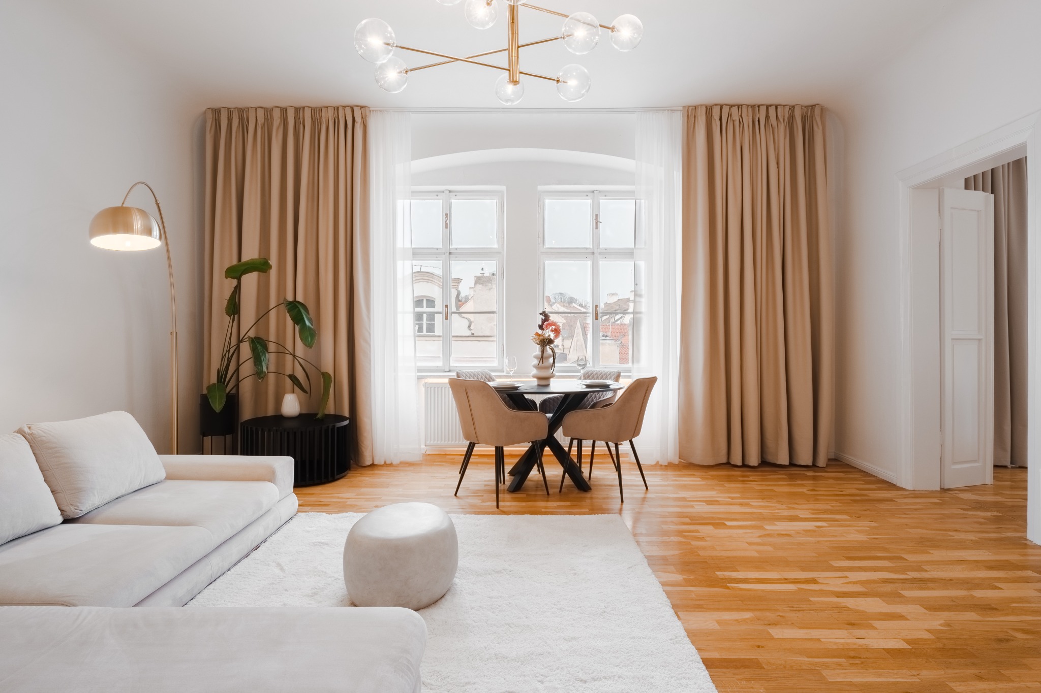 Sunlit living and dining room